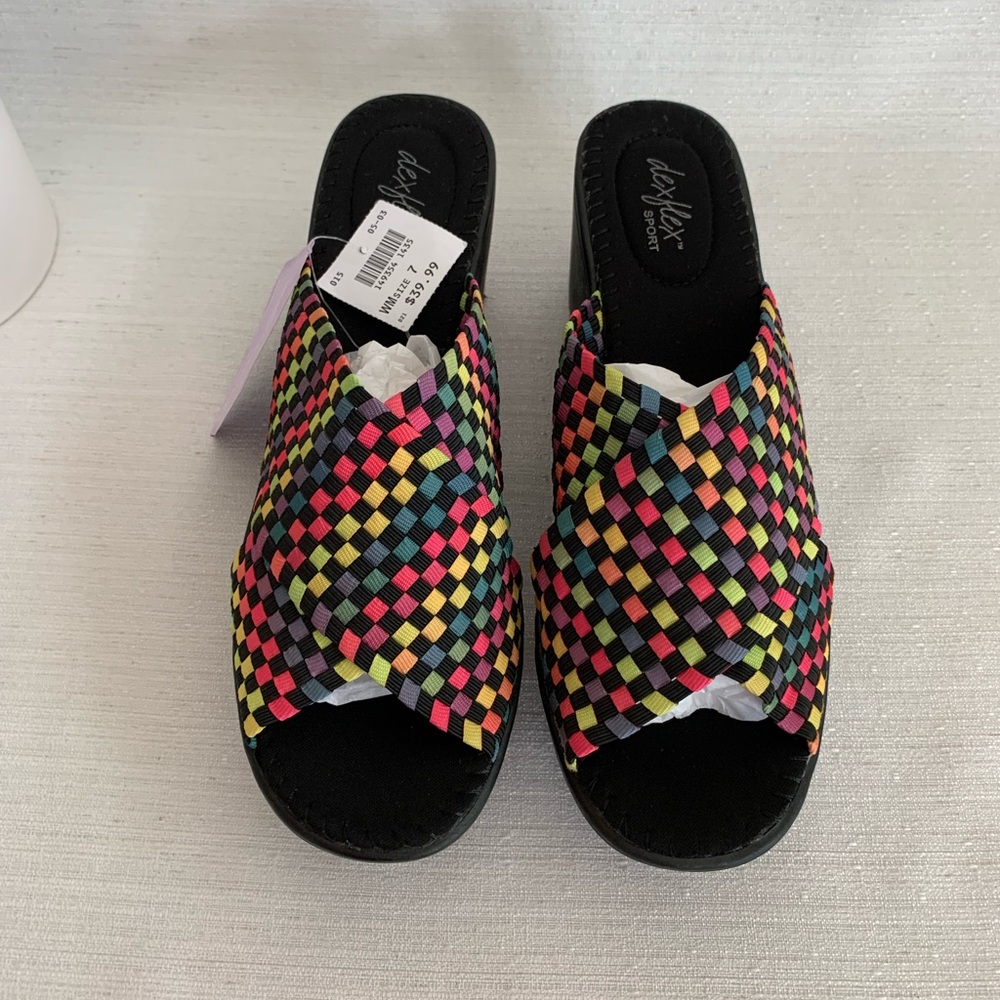 NWT Dexflex Rainbow Check Stretch Chunky Platform Wedge Sandals Woman’s 7 - Picture 2 of 11